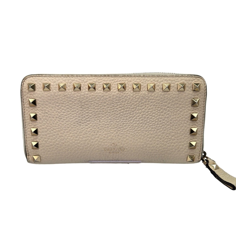Valentino Rockstud Leather Zip Around Wallet Clutch Wristlet Beige Gold‎